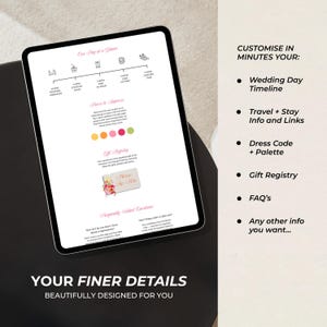 Puede incluir: Una tableta digital que muestra una plantilla de informaci&oacute;n de boda con secciones para cronograma, c&oacute;digo de vestimenta, lista de regalos y preguntas frecuentes. La pantalla presenta texto e iconos, mientras que el lado derecho enumera opciones personalizables que incluyen cronograma del d&iacute;a, informaci&oacute;n de viaje, c&oacute;digo de vestimenta, lista de regalos y preguntas frecuentes.