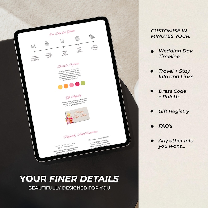 Puede incluir: Una tableta digital que muestra una plantilla de informaci&oacute;n de boda con secciones para cronograma, c&oacute;digo de vestimenta, lista de regalos y preguntas frecuentes. La pantalla presenta texto e iconos, mientras que el lado derecho enumera opciones personalizables que incluyen cronograma del d&iacute;a, informaci&oacute;n de viaje, c&oacute;digo de vestimenta, lista de regalos y preguntas frecuentes.
