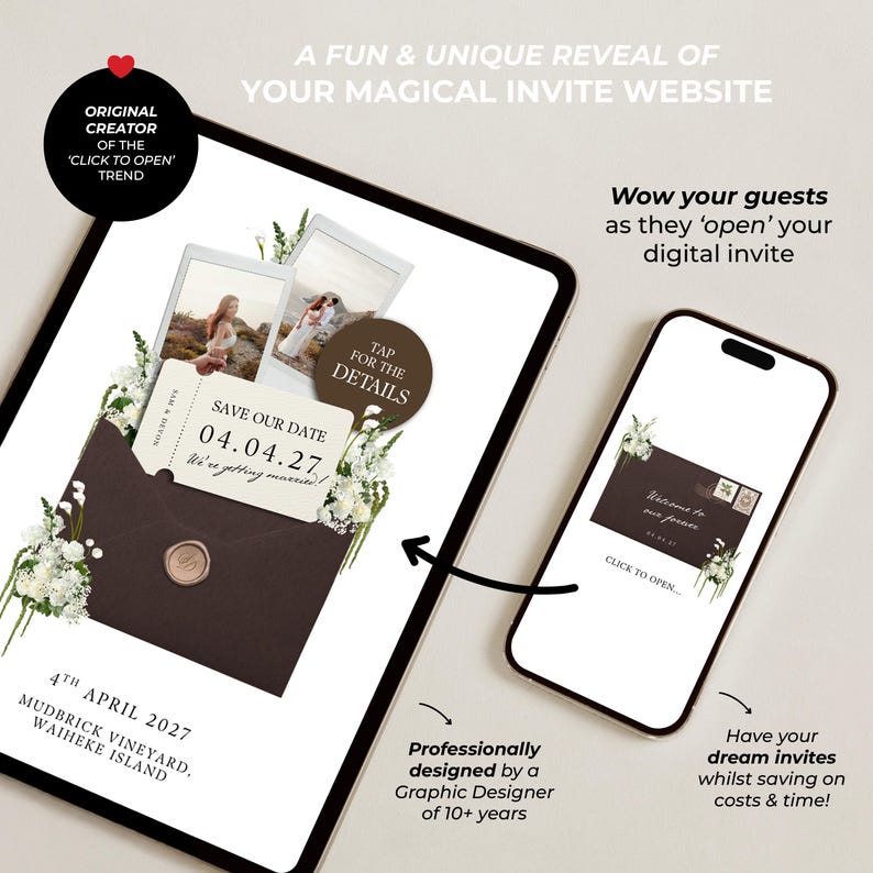 May include: A tablet and smartphone displaying a digital wedding invitation website. The screen shows a dark brown envelope with a wax seal, floral accents, two photos, and text reading 'SAVE OUR DATE 04.04.27' and 'TAP FOR THE DETAILS'.