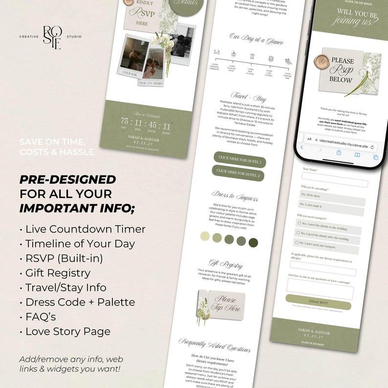 Sage Green & Ivory Floral Wedding Website Template with RSVP: Editable Canva Design (Digital Download) image 2