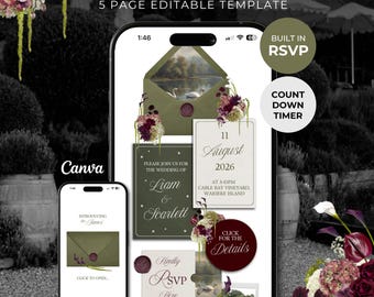 Olive Green & Burgundy Floral Wedding Website Template with RSVP: Editable Canva Design (Digital Download)