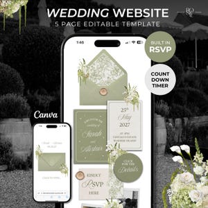 Sage Green & Ivory Floral Wedding Website Template with RSVP: Editable Canva Design (Digital Download) image 1