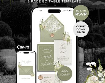 Sage Green & Ivory Floral Wedding Website Template with RSVP: Editable Canva Design (Digital Download)