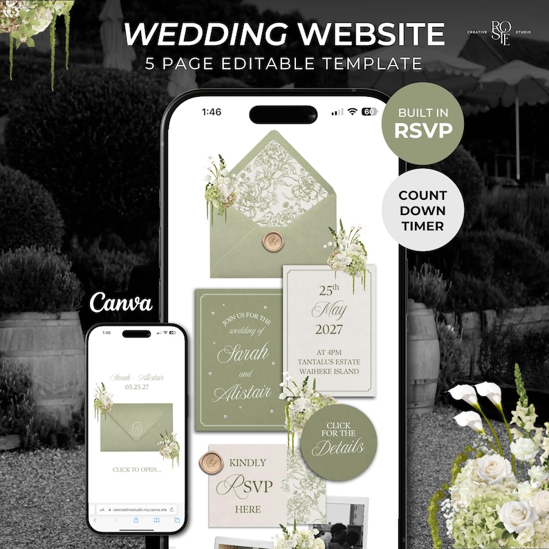 Sage Green & Ivory Floral Wedding Website Template with RSVP: Editable Canva Design (Digital Download) image 1