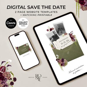 Może przedstawiać: Cyfrowy szablon save the date wyświetlany na smartfonie i tablecie. Projekt zawiera oliwkową kopertę ze starą pieczęcią i kwiatowymi akcentami. Tablet pokazuje zdjęcie i bilet z napisem "Save Our Date 11.11.26". Tekst brzmi "Formal invitation to follow..."