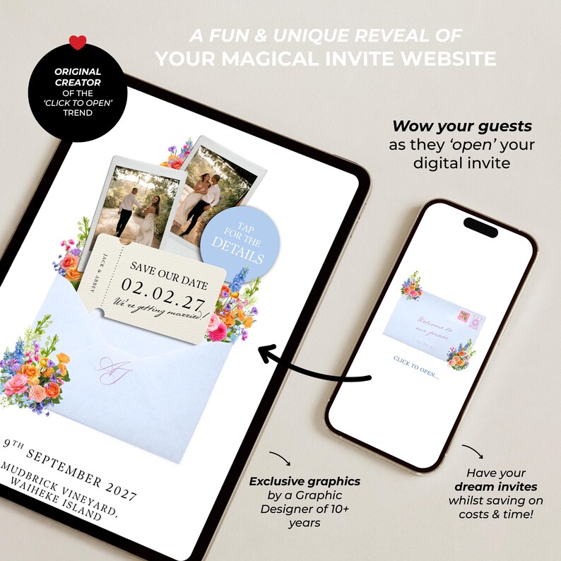 Pode incluir: Um tablet e um smartphone exibindo um convite digital save the date. A tela mostra um envelope azul claro, ilustra&ccedil;&otilde;es florais, duas fotos de um casal e um cart&atilde;o estilo bilhete com o texto 02.02.27 e We're getting married.