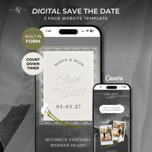 May include: A digital save the date 3-page website template displayed on two smartphones. The screen shows text reading "MAEVE & RYAN", "Save our Date", "05.05.27", "MUDDBRICK VINEYARD, WAIHEKE ISLAND", "More details to follow", and "TAP TO SHARE YOUR ADDRESS".