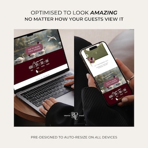 May include: A digital wedding invitation displayed on a laptop and a smartphone. The design features a dark red background, a painting of swans on a lake, and text including "Sofia & Charlie" and a countdown timer showing 480 days, 10 hours, 39 minutes.