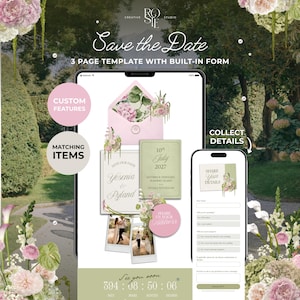 Puede incluir: Una plantilla digital de 3 páginas para Save the Date con formulario integrado en dos dispositivos móviles. El diseño presenta acentos florales, un temporizador de cuenta regresiva y texto que incluye Save the Date, Yesenia & Ryland, 10th July 2027 y Share Your Details.
