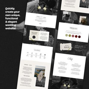 May include: A website design layout for a wedding, featuring a black and white color scheme. The design includes sections for details, RSVP, and travel information. Text includes "Quickly create your own unique, functional & elegant wedding website!"