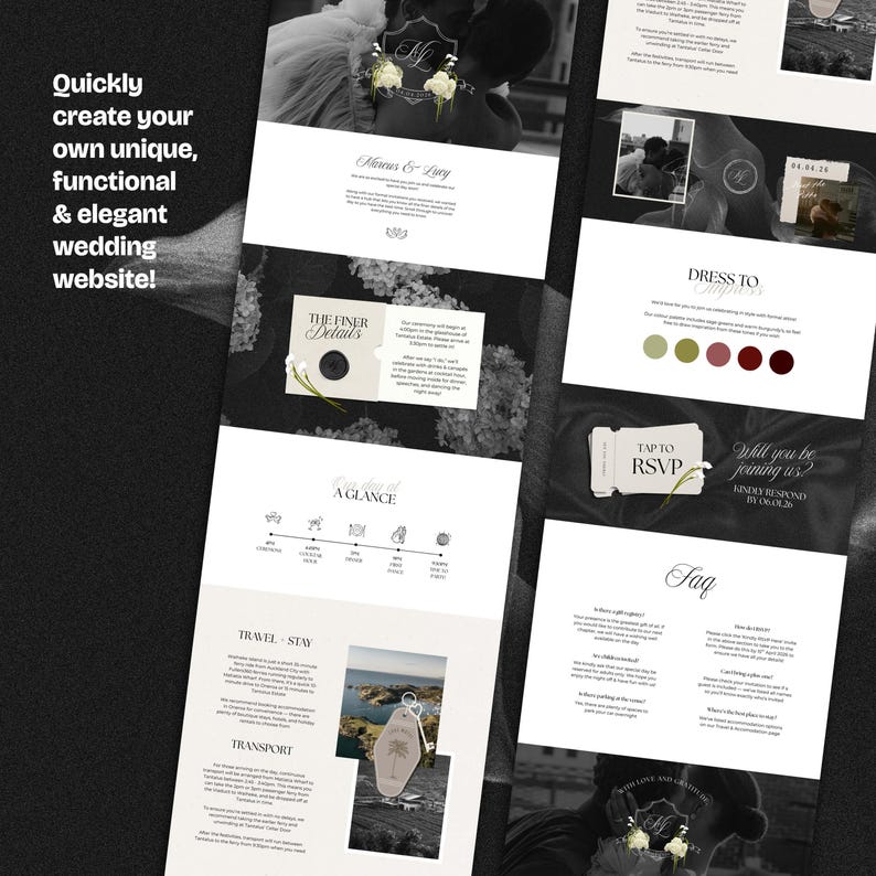 May include: A website design layout for a wedding, featuring a black and white color scheme. The design includes sections for details, RSVP, and travel information. Text includes "Quickly create your own unique, functional & elegant wedding website!"