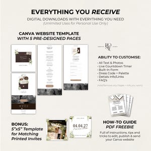 May include: A digital Canva website template set featuring five pre-designed pages, customizable text, photos, a countdown timer, and a built-in form. Includes a bonus 5x5 inch printed invitation template and a how-to guide PDF for editing and publishing.