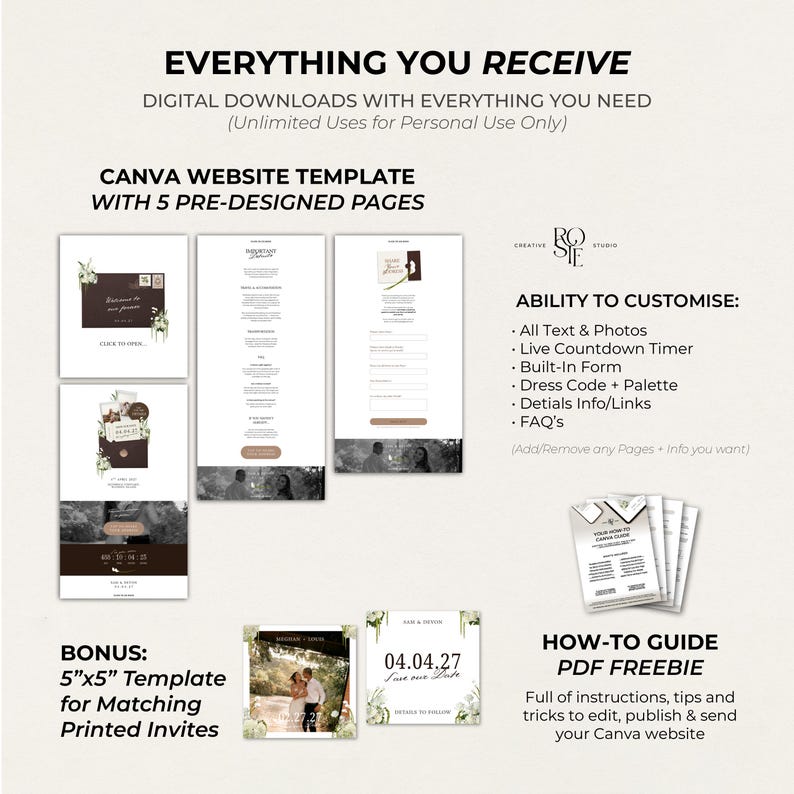 May include: A digital Canva website template set featuring five pre-designed pages, customizable text, photos, a countdown timer, and a built-in form. Includes a bonus 5x5 inch printed invitation template and a how-to guide PDF for editing and publishing.