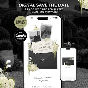 May include: Digital save the date template displayed on a smartphone. The design includes a black envelope with a wedding ticket, photos, and floral accents. Text includes "Save Our Date" and "Formal invitation to follow."