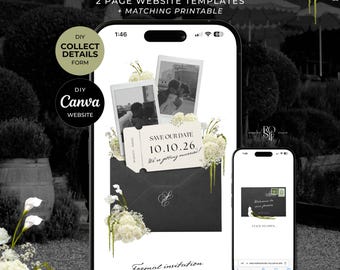Black, Ivory & Green Save the Date Website: Canva Digital Invitation (Digital Download)