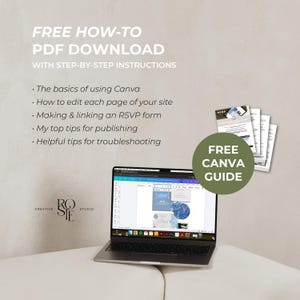 Puede incluir: Un ordenador port&aacute;til que muestra una interfaz de dise&ntilde;o de Canva, acompa&ntilde;ado de una pila de p&aacute;ginas impresas y una insignia circular de color verde oliva con la etiqueta FREE CANVA GUIDE. El texto dice FREE HOW-TO PDF DOWNLOAD WITH STEP-BY-STEP INSTRUCTIONS.