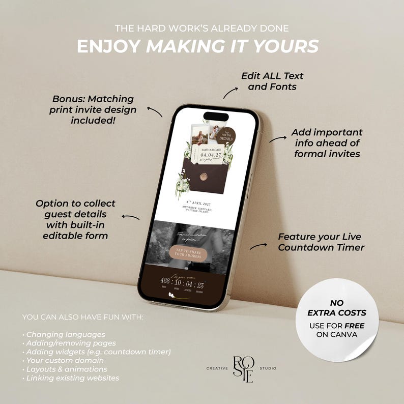 May include: A smartphone displaying a digital wedding invitation template with text including THE HARD WORK'S ALREADY DONE, ENJOY MAKING IT YOURS, and NO EXTRA COSTS USE FOR FREE ON CANVA. The screen shows a countdown timer and editable form fields.