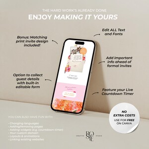 May include: A smartphone displaying a digital wedding invitation template with floral graphics, text reading THE HARD WORK'S ALREADY DONE ENJOY MAKING IT YOURS, and labels pointing to features like edit text, guest forms, and a live countdown timer.