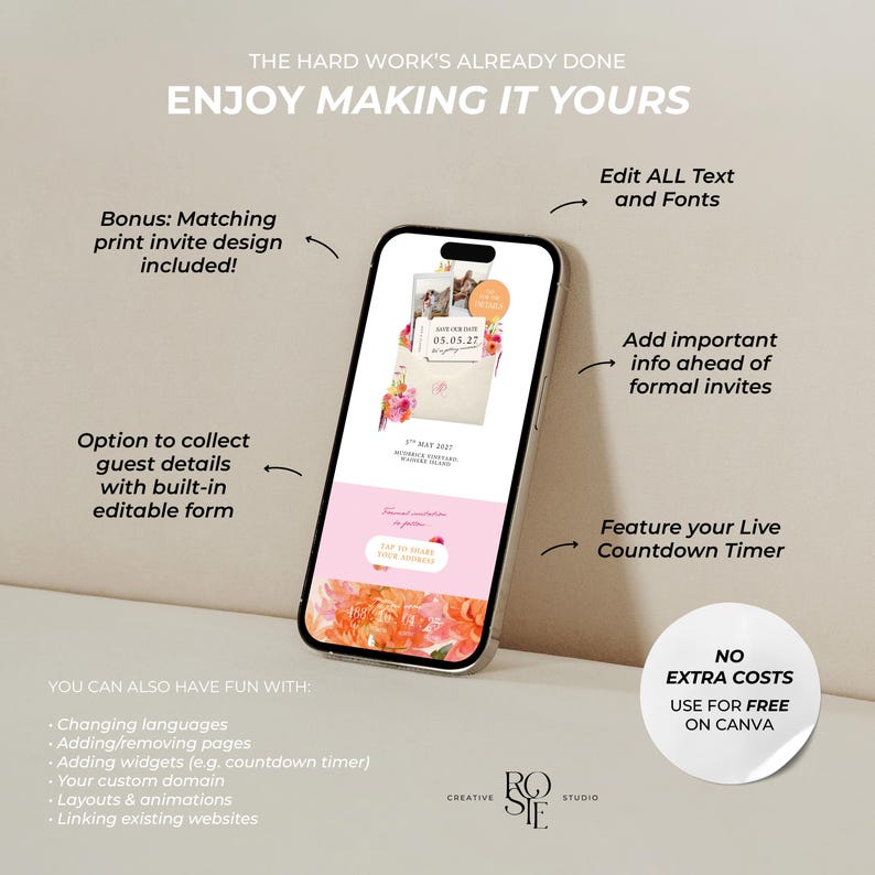 May include: A smartphone displaying a digital wedding invitation template with floral graphics, text reading THE HARD WORK'S ALREADY DONE ENJOY MAKING IT YOURS, and labels pointing to features like edit text, guest forms, and a live countdown timer.
