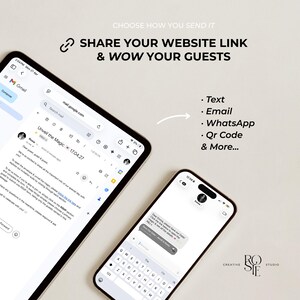 Puede incluir: Una tableta y un tel&eacute;fono inteligente con interfaces de invitaci&oacute;n digital. El texto dice: CHOOSE HOW YOU SEND IT, SHARE YOUR WEBSITE LINK & WOW YOUR GUESTS, Text, Email, WhatsApp, Qr Code & More. La tableta muestra Gmail y el tel&eacute;fono un mensaje.