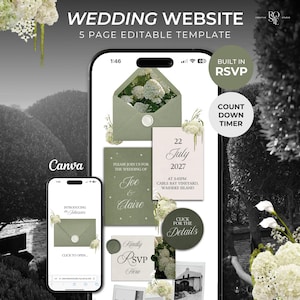 Puede incluir: Plantilla de sitio web de boda digital en un teléfono inteligente, con un diseño verde y blanco. El diseño incluye funciones de RSVP y temporizador de cuenta regresiva, con el texto "WEDDING WEBSITE" y "5 PAGE EDITABLE TEMPLATE".