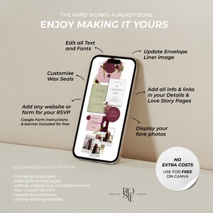 May include: A smartphone displays wedding invitation design options. The screen shows editable text, fonts, and photos, with options for RSVP forms, wax seals, and envelope liner images. The design includes the text "Enjoy Making It Yours."