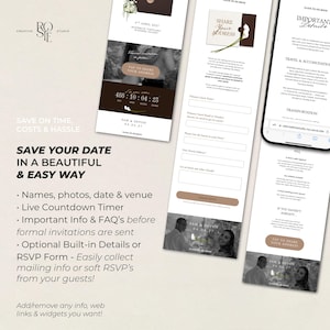 May include: A digital wedding invitation template set featuring a countdown timer, RSVP form, and event details. The design includes dark brown and white color blocks, black and white photography, and text fields for guest names, addresses, and contact info.