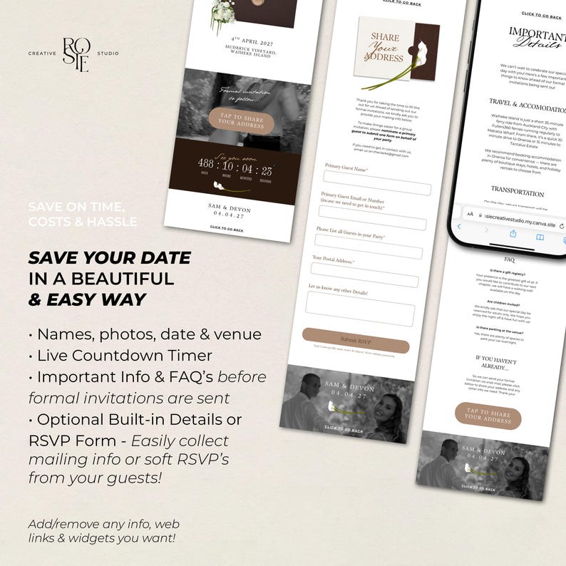 May include: A digital wedding invitation template set featuring a countdown timer, RSVP form, and event details. The design includes dark brown and white color blocks, black and white photography, and text fields for guest names, addresses, and contact info.