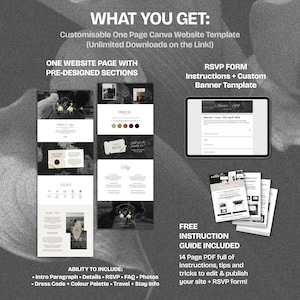 May include: A digital wedding website template with pre-designed sections, an RSVP form, and a custom banner template. The template includes a free 14-page instruction guide. The website template is customizable and includes an intro paragraph, details, FAQ, photos, dress code, color palette, travel, and stay info.