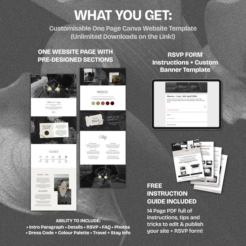 May include: A digital wedding website template with pre-designed sections, an RSVP form, and a custom banner template. The template includes a free 14-page instruction guide. The website template is customizable and includes an intro paragraph, details, FAQ, photos, dress code, color palette, travel, and stay info.