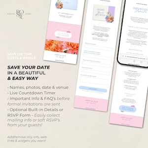 Pode incluir: Um modelo de convite de casamento digital exibido em tr&ecirc;s telas m&oacute;veis, com gr&aacute;ficos florais, um cron&ocirc;metro de contagem regressiva e formul&aacute;rios de RSVP. O texto inclui Save Your Date In A Beautiful & Easy Way, Abbey & Jack e Important Details.
