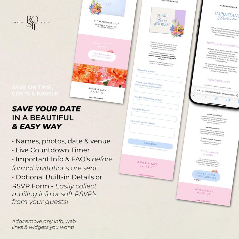 Pode incluir: Um modelo de convite de casamento digital exibido em tr&ecirc;s telas m&oacute;veis, com gr&aacute;ficos florais, um cron&ocirc;metro de contagem regressiva e formul&aacute;rios de RSVP. O texto inclui Save Your Date In A Beautiful & Easy Way, Abbey & Jack e Important Details.