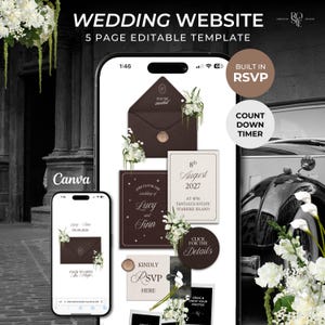 Espresso Brown & Ivory Floral Wedding Website Template with RSVP: Editable Canva Design (Digital Download)