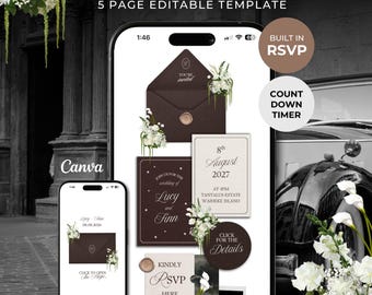 Espresso Brown & Ivory Floral Wedding Website Template with RSVP: Editable Canva Design (Digital Download)