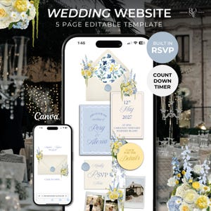 May include: A 5-page editable wedding website template displayed on two smartphones. The design features cream envelopes, blue wax seals, and yellow and blue floral illustrations. Text includes "WEDDING WEBSITE," "BUILT IN RSVP," "COUNT DOWN TIMER," and "12th May 2027."