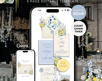 Pastel Blue & Yellow Wedding Website Template with RSVP: Editable Canva Design (Digital Download)