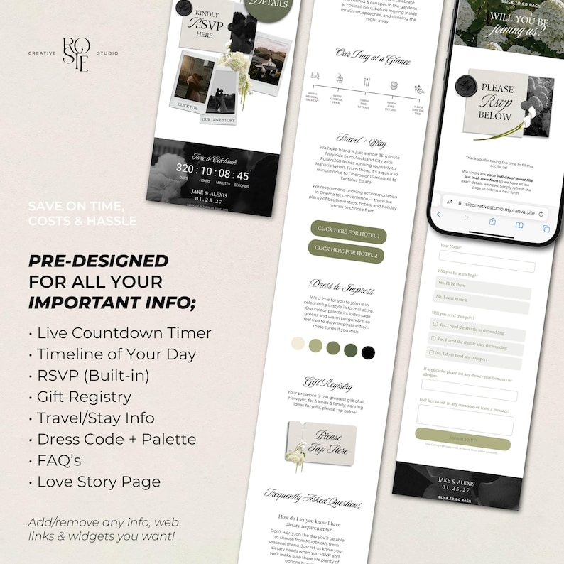 Ivory, Green & Black Floral Wedding Website Template with RSVP: Editable Canva Design (Digital Download) image 2