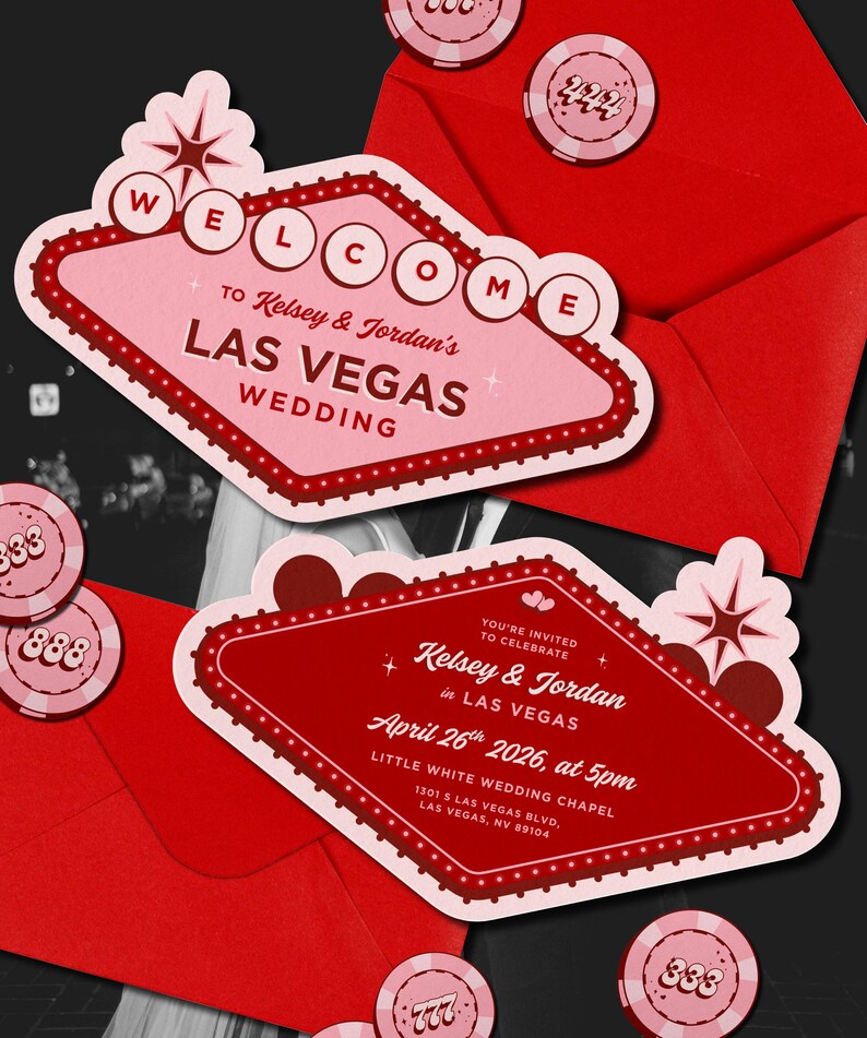 May include: Las Vegas wedding invitations featuring a pink and red design, resembling the iconic Las Vegas sign. The invitations include the names Kelsey & Jordan, wedding details, and casino chip accents. Red envelopes complete the theme.