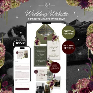 May include: A digital wedding website template featuring five pages with a built-in RSVP form. The design includes an envelope with a swan illustration, wedding invitation details for Liam and Scarlett, and floral accents in shades of burgundy and green.