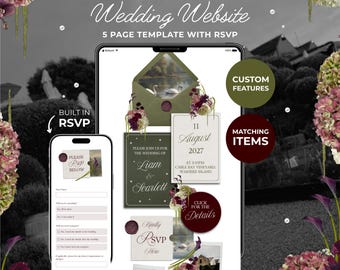Olive Green & Burgundy Floral Wedding Website with RSVP Function: Editable Canva Template (Digital Download)