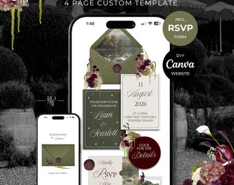 Olive Green & Burgundy Floral Wedding Website Template with RSVP: Editable Canva Design (Digital Download)