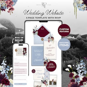 Puede incluir: Una plantilla digital de sitio web de bodas en dos dispositivos móviles, con un diseño de 5 páginas y función RSVP. El diseño incluye detalles florales en burdeos y azul, con el texto Wedding Website, 5 PAGE TEMPLATE WITH RSVP.