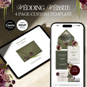May include: A digital wedding website template shown on a tablet and smartphone. The design includes an olive green envelope with a wax seal, floral accents, and wedding details. Text includes "Wedding Website" and "RSVP".