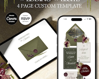 Olive Green & Burgundy Floral Wedding Website Template with RSVP: Editable Canva Design (Digital Download)