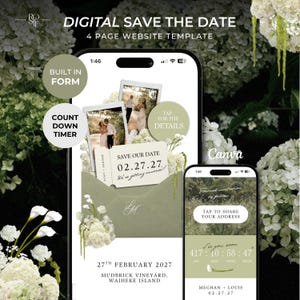 May include: A digital save the date 4 page website template displayed on two smartphones. The design features sage green envelopes, white floral accents, and polaroid-style photos. Text includes "SAVE OUR DATE 02.27.27" and "MEGHAN + LOUIS".