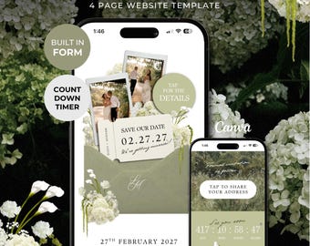 Green Floral Save the Date Website with Details Form: Canva Digital Invitation Template (Digital Download)