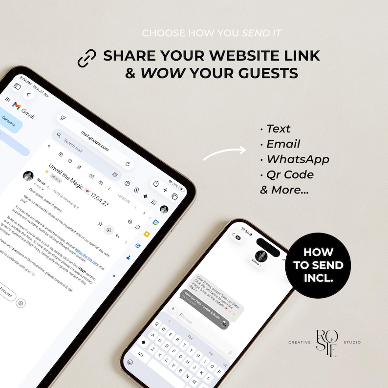 Op de afbeelding: Een tablet en een smartphone met digitale uitnodigingssjablonen. De tekst luidt: CHOOSE HOW YOU SEND IT, SHARE YOUR WEBSITE LINK & WOW YOUR GUESTS, Text, Email, WhatsApp, Qr Code & More, HOW TO SEND INCL. en CREATIVE ROSIE STUDIO.