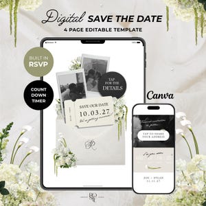 May include: A digital save the date 4-page editable template for Canva displayed on a tablet and smartphone. The design features polaroid photos, a ticket-style card with the date 10.03.27, an envelope, a countdown timer, and RSVP buttons.