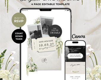 Ivory & Green Floral Save the Date Website: Canva Digital Invitation Template (Digital Download)