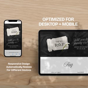 May include: A smartphone and tablet display a wedding invitation design. The invitation features a ticket that says "Tap to RSVP" and the text "Will you be joining us? Kindly respond by 06.01.26." The design is optimized for desktop and mobile.